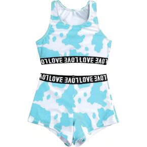 WDIRARA Girl's Swimsuits Cow Print Bikini Scoop Neck Bathing Suit with Shorts 2 Piece Swimsuit Black and White