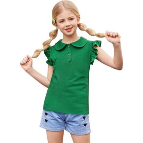 Flypigs الفتيات تي شيرت كشكش كم قصير بولو بيتر بان طوق زر قميص الصيف عارضة أعلى بلوزة المحملة in Kuwait