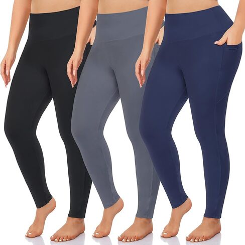 NEW YOUNG 3 Pack Plus Size Leggings with Pockets for Women,High Waist Tummy Control Workout Yoga Pants in Kuwait