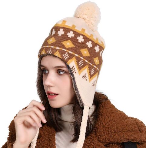 قبعة صوفية من بيرو ذات غطاء للأذن من Comhats مبطنة بالصوف في فصل الشتاء قبعة تزلج على الجليد للسيدات in Kuwait