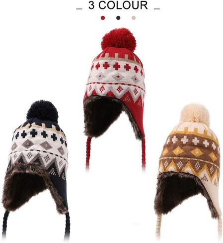 قبعة صوفية من بيرو ذات غطاء للأذن من Comhats مبطنة بالصوف في فصل الشتاء قبعة تزلج على الجليد للسيدات in Kuwait