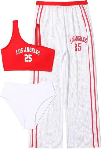 OYOANGLE Girl's 3 Piece Letter Graphic Asymmetrical Neck Sport Bikini Set Swimsuit with Cover Up Pants in Saudi Arabia