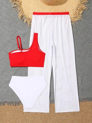 OYOANGLE Girl's 3 Piece Letter Graphic Asymmetrical Neck Sport Bikini Set Swimsuit with Cover Up Pants in Saudi Arabia