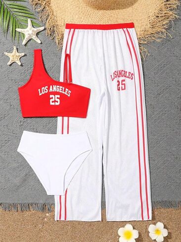 OYOANGLE Girl's 3 Piece Letter Graphic Asymmetrical Neck Sport Bikini Set Swimsuit with Cover Up Pants in Saudi Arabia