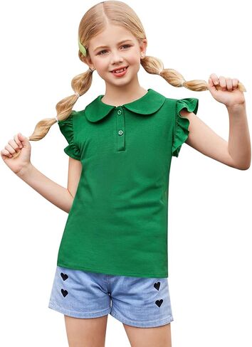 Flypigs الفتيات تي شيرت كشكش كم قصير بولو بيتر بان طوق زر قميص الصيف عارضة أعلى بلوزة المحملة in Kuwait