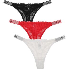 LEVAO Sexy Panties, Thongs for Women Letter Rhinestones G-String Low-rise Tanga Stretch Underwear Multipack (3-6 pack,S-XL)