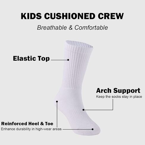 Boys Socks Kids Cushioned Crew Socks Girls Thick Cotton Athletic Running Socks Black/White 6 Pack in Kuwait