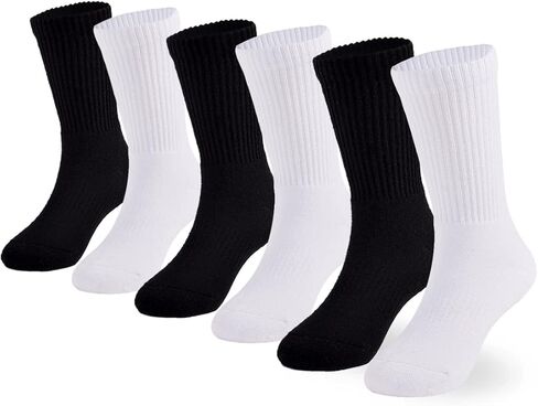 Boys Socks Kids Cushioned Crew Socks Girls Thick Cotton Athletic Running Socks Black/White 6 Pack in Kuwait