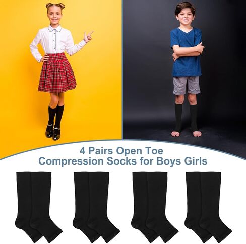 Shinymoon 4 Pairs Kids Open Toe Compression Socks 15-20 mmHg Children Knee Length Compression Socks Support Graduated Compression Sleeve in Saudi Arabia