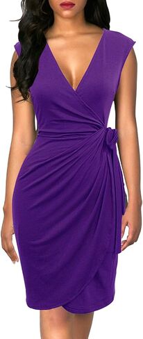 Berydress Women's Vintage V-Neck Sheath Casual Party Work Faux Black Wrap Dress in Kuwait