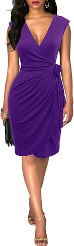 Berydress Women's Vintage V-Neck Sheath Casual Party Work Faux Black Wrap Dress in Kuwait