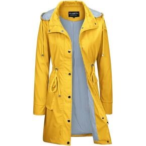 YEABEDA Womens Rain Jackets Waterproof with Hood Lightweight Raincoat Long Windbreaker Trench Coats Striped Lined