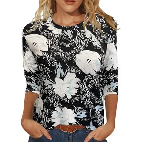 Womens Tops 3/4 Sleeve Shirts Round Neck Loose Casual Blouses Floral Print Tshirts