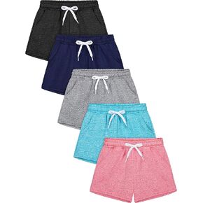 Resinta 5 Pack Girls Dry-Fit Running Shorts Athletic Performance Sports Shorts with Drawstring and Pockets for Kids