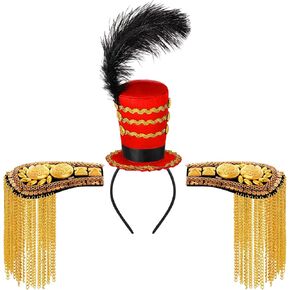 قبعة Tigeen Ringmaster و2 قطعة من كتاف الكتف الذهبية إكسسوارات زي السيرك ماجوريت عصابة رأس جندي صغير وسادات كتف ذات أهداب ذهبية أسد تامر خوذة سترة امرأة بالغة in Saudi Arabia