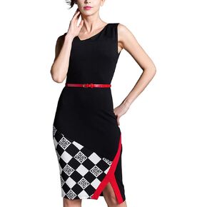 HOMEYEE Women's Elegant Patchwork Sheath Sleeveless Business Dress B290