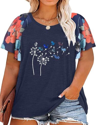 HDLTE Womens Plus Size Tops Floral Bell Sleeves Blouses Summer Crewneck Tunic Loose Casual T Shirts in Saudi Arabia