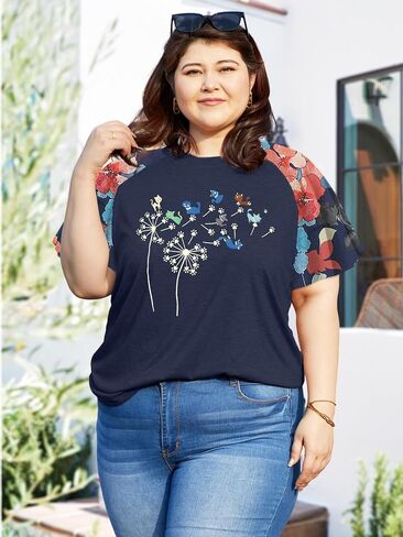 HDLTE Womens Plus Size Tops Floral Bell Sleeves Blouses Summer Crewneck Tunic Loose Casual T Shirts in Saudi Arabia
