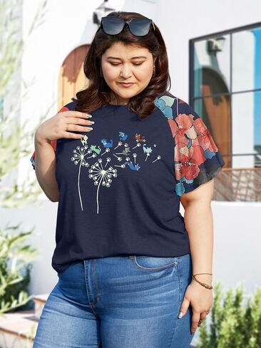 HDLTE Womens Plus Size Tops Floral Bell Sleeves Blouses Summer Crewneck Tunic Loose Casual T Shirts in Saudi Arabia