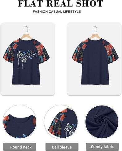 HDLTE Womens Plus Size Tops Floral Bell Sleeves Blouses Summer Crewneck Tunic Loose Casual T Shirts in Saudi Arabia