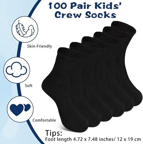 Hanaive Bulk 100 Pair Kids Black Crew Socks Unisex Stretch Cotton Socks Soft Comfortable Kids Dress Socks Basketball Soccer Training Socks for Toddlers Kids Youth Age 5-10 in Saudi Arabia