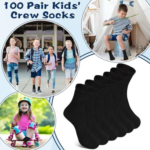 Hanaive Bulk 100 Pair Kids Black Crew Socks Unisex Stretch Cotton Socks Soft Comfortable Kids Dress Socks Basketball Soccer Training Socks for Toddlers Kids Youth Age 5-10 in Saudi Arabia