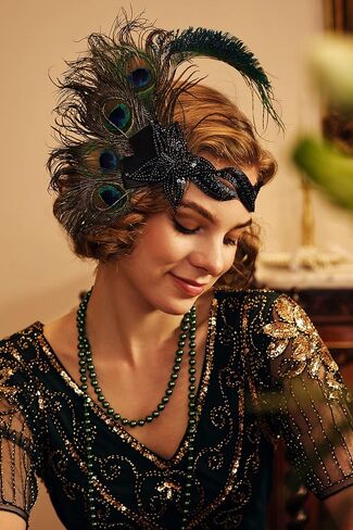 BABEYOND 1920s عصابة رأس فلابر الطاووس ريشة خوذة غاتسبي اكسسوارات للنساء مطرزة فتاة إستعراض خوذة in Saudi Arabia