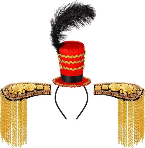 Tigeen Ringmaster Hat and 2 Pcs Gold Shoulder Epaulettes Costume Accessories Circus Majorette Headband Mini Soldier Hat Shoulder Pads Gold Fringe Boards Lion Tamer Headpiece Blazer Woman Adult in Saudi Arabia