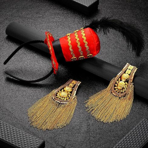 Tigeen Ringmaster Hat and 2 Pcs Gold Shoulder Epaulettes Costume Accessories Circus Majorette Headband Mini Soldier Hat Shoulder Pads Gold Fringe Boards Lion Tamer Headpiece Blazer Woman Adult in Saudi Arabia
