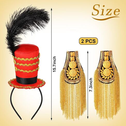 Tigeen Ringmaster Hat and 2 Pcs Gold Shoulder Epaulettes Costume Accessories Circus Majorette Headband Mini Soldier Hat Shoulder Pads Gold Fringe Boards Lion Tamer Headpiece Blazer Woman Adult in Saudi Arabia