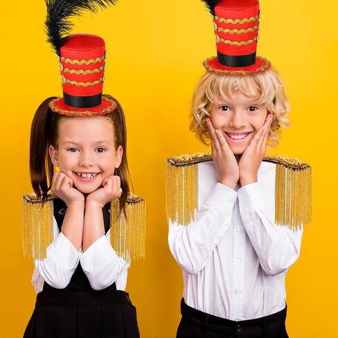 Tigeen Ringmaster Hat and 2 Pcs Gold Shoulder Epaulettes Costume Accessories Circus Majorette Headband Mini Soldier Hat Shoulder Pads Gold Fringe Boards Lion Tamer Headpiece Blazer Woman Adult in Saudi Arabia