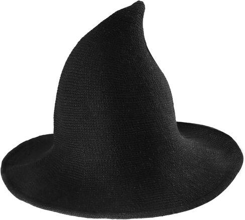قبعات الساحرات، قبعات الساحرة للهالوين للنساء، قبعات صوفية ذات حافة واسعة، قبعة محبوكة للحفلات واليومية، إكسسوار زي قبعة ساحرة مدببة سوداء in Kuwait