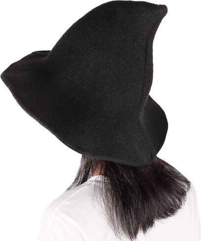 قبعات الساحرات، قبعات الساحرة للهالوين للنساء، قبعات صوفية ذات حافة واسعة، قبعة محبوكة للحفلات واليومية، إكسسوار زي قبعة ساحرة مدببة سوداء in Kuwait
