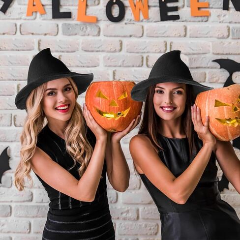 قبعات الساحرات، قبعات الساحرة للهالوين للنساء، قبعات صوفية ذات حافة واسعة، قبعة محبوكة للحفلات واليومية، إكسسوار زي قبعة ساحرة مدببة سوداء in Kuwait