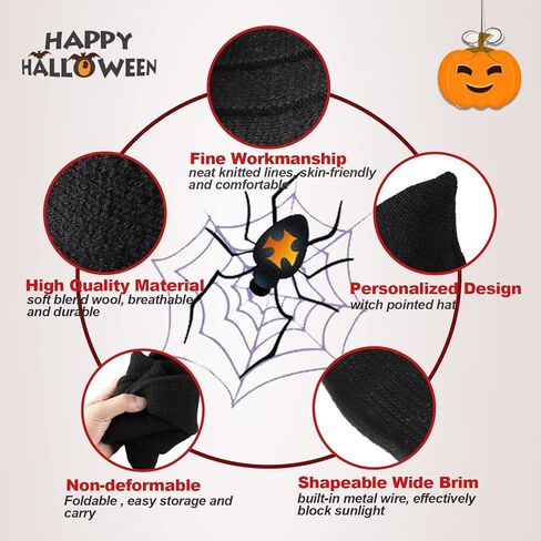 قبعات الساحرات، قبعات الساحرة للهالوين للنساء، قبعات صوفية ذات حافة واسعة، قبعة محبوكة للحفلات واليومية، إكسسوار زي قبعة ساحرة مدببة سوداء in Kuwait