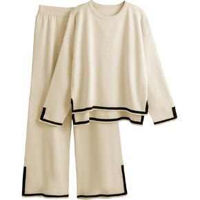 Tanming Women's 2 Piece Outfits Long Sleeve Knit Sweater Top Wide Leg Pants Lounge Sets Tracksuits