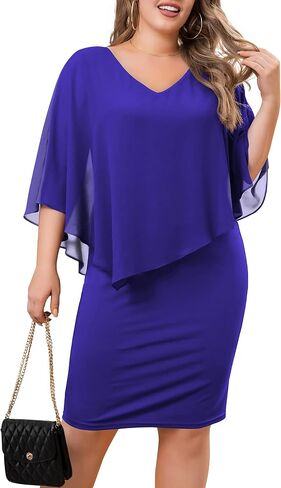 FOLUNSI Women's Plus Size V Neck Bodycon Pencil Dresses Chiffon Cape Midi Dress L-4XL in Saudi Arabia