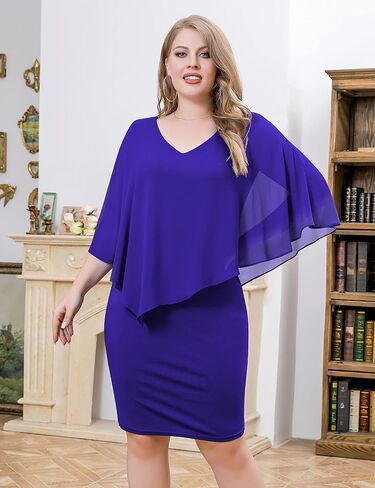 FOLUNSI Women's Plus Size V Neck Bodycon Pencil Dresses Chiffon Cape Midi Dress L-4XL in Saudi Arabia