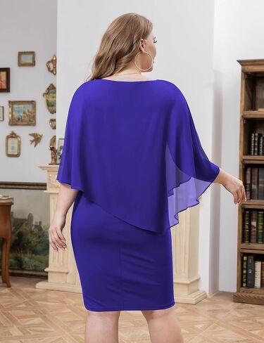 FOLUNSI Women's Plus Size V Neck Bodycon Pencil Dresses Chiffon Cape Midi Dress L-4XL in Saudi Arabia