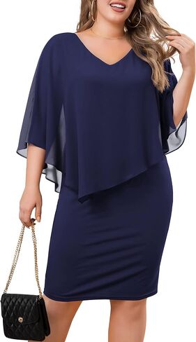 FOLUNSI Women's Plus Size V Neck Bodycon Pencil Dresses Chiffon Cape Midi Dress L-4XL in Saudi Arabia