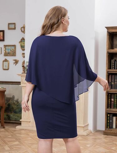 FOLUNSI Women's Plus Size V Neck Bodycon Pencil Dresses Chiffon Cape Midi Dress L-4XL in Saudi Arabia