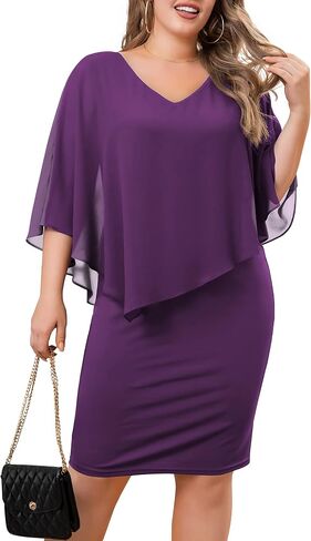 FOLUNSI Women's Plus Size V Neck Bodycon Pencil Dresses Chiffon Cape Midi Dress L-4XL in Saudi Arabia