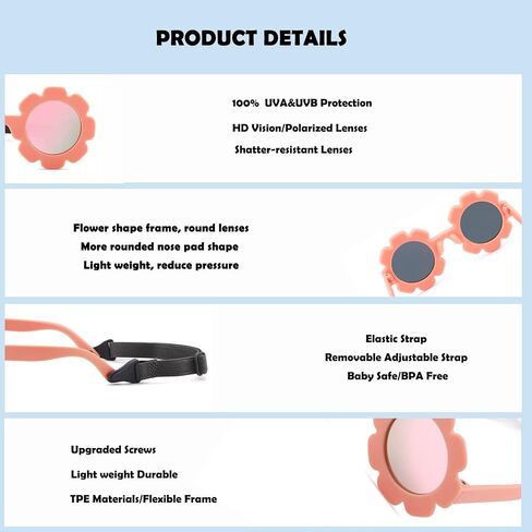 Bouryo Flexible Baby Polarized Flower Sunglasses with Strap Bendable Frame for Infant Boys Girls Ages 0-24 Months in Kuwait