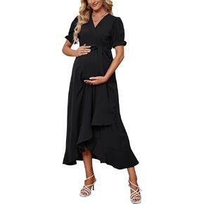 KOJOOIN Women's Short Sleeve Maternity Dress Summer Floral V-Neck Ruffle Maxi Dress for Photoshop