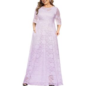 MAYFASEY Women's Plus Size Floral Lace Wedding Dress 3 4 Sleeve Bridesmaid Evening Party Long Maxi Dresses with Pockets