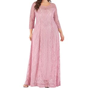 MAYFASEY Women's Plus Size Floral Lace Wedding Dress 3 4 Sleeve Bridesmaid Evening Party Long Maxi Dresses with Pockets in Saudi Arabia