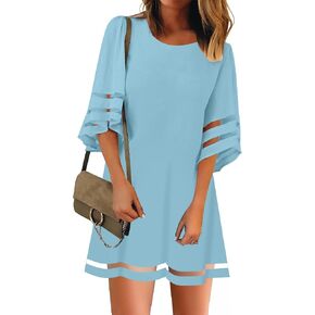 LookbookStore Women Casual Crewneck Mesh Panel 3/4 Bell Sleeve Loose Tunic Dress in Saudi Arabia
