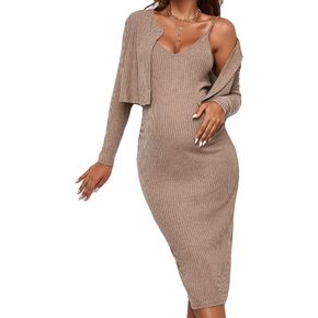 Verdusa Women's Maternity 2 Piece V Neck Long Cami Dress and Long Sleeve Cardigan