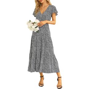 KOJOOIN Women's Floral Maxi Dress Summer Flutter Sleeve Boho Ruffle Tiered Dress V Neck A-Line Leopard Print Dress