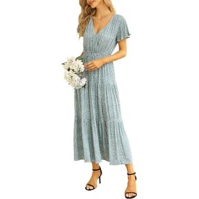 KOJOOIN Women's Floral Maxi Dress Summer Flutter Sleeve Boho Ruffle Tiered Dress V Neck A-Line Leopard Print Dress